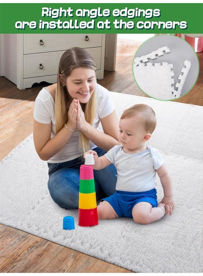 6 Pcs Plush Foam Floor Mat Square Interlocking Carpet Tiles with Border Fluffy Play Mat Floor Tiles Fluffy Area Rugs Square Soft Climbing Area Rugs DIY Floor Crawling Mat Tiles for Home Playroom Decor (White) - Image 5